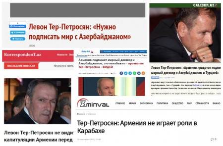 «ՀՀ նախկին նախագահը կապիտուլյացիայի մեջ վատ բան չի տեսնում». Տեր-Պետրոսյանը «սեփականաշնորհել» է ադրբեջանական լրատվամիջոցների առաջին էջերը